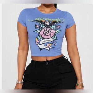 ED HARDY Pale Blue Graphic Print Crop Top Tee